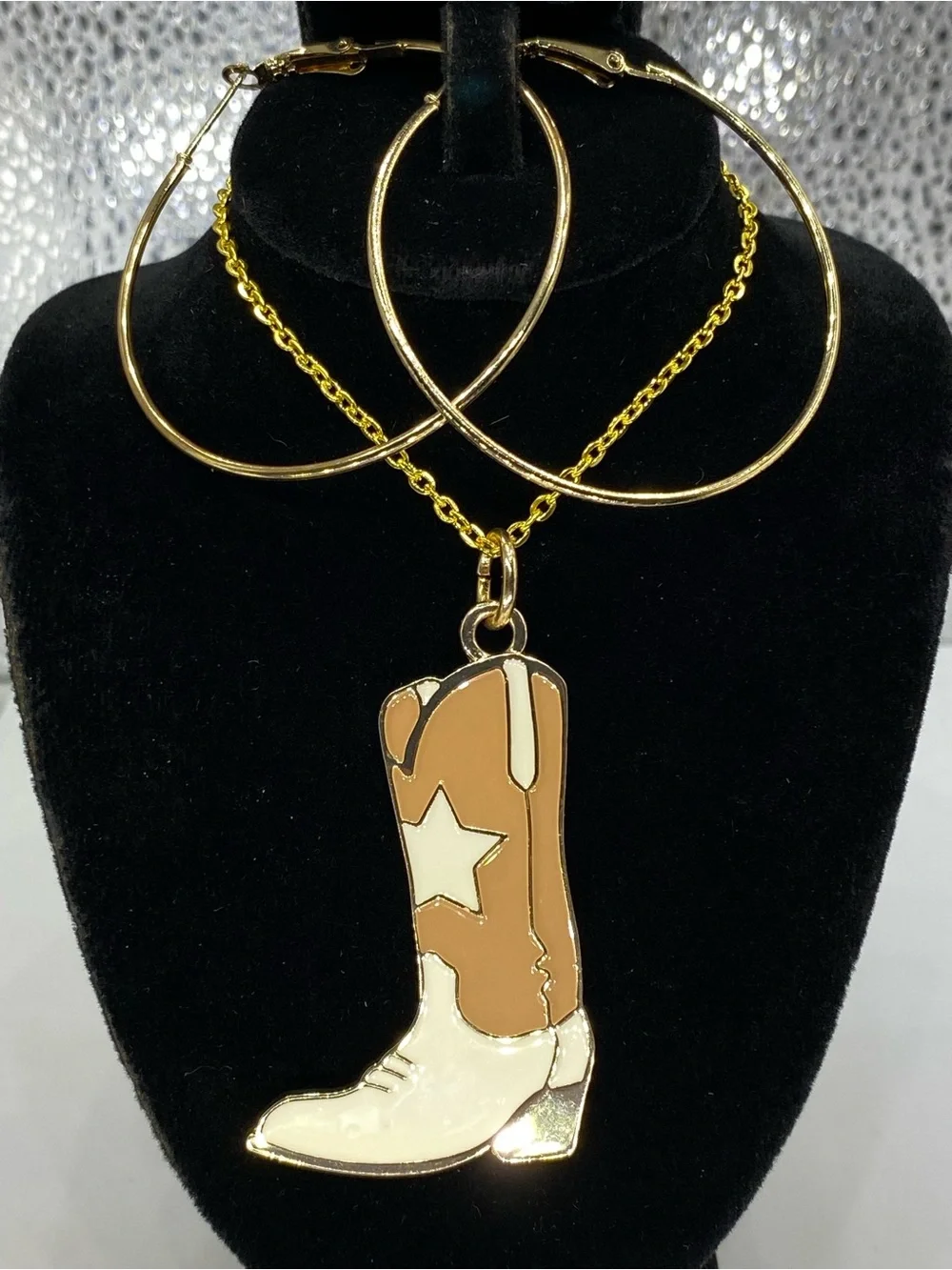*** Southwestern ^^^ Cowboy Boot Pendant Necklace /  Hoop Earrings *